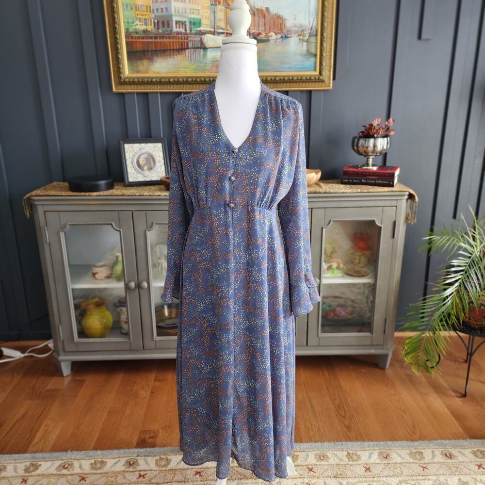Modest Floral Maxi Dress Tie Back Ruffle Sleeve Cottage Prairie Boho Romantic